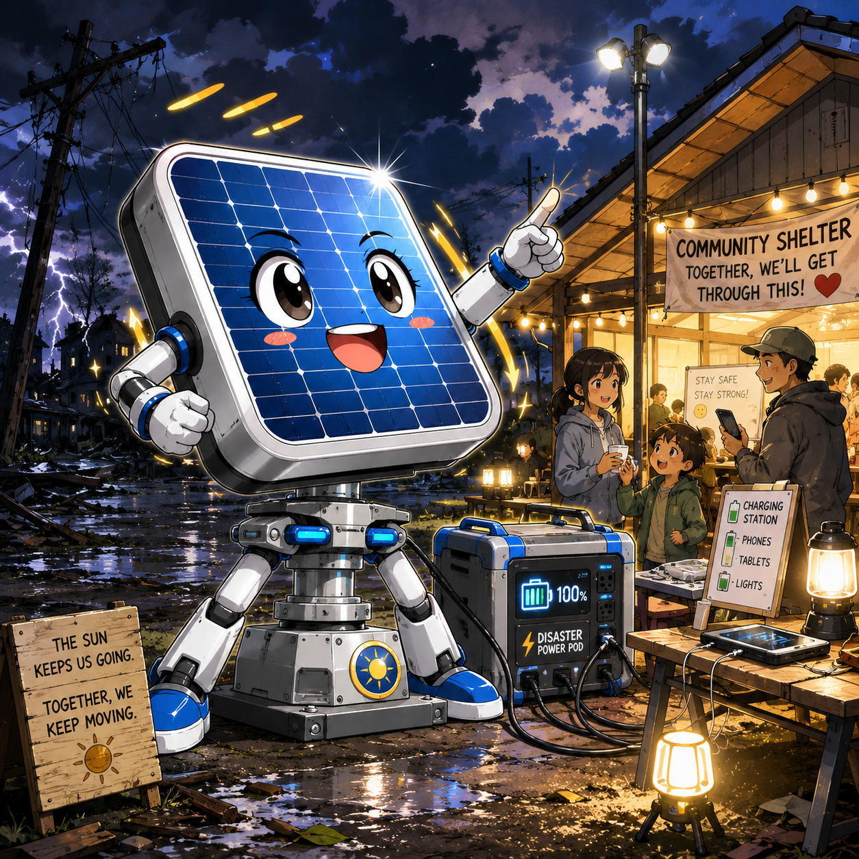 Solar tracking pod helping power a disaster relief scene