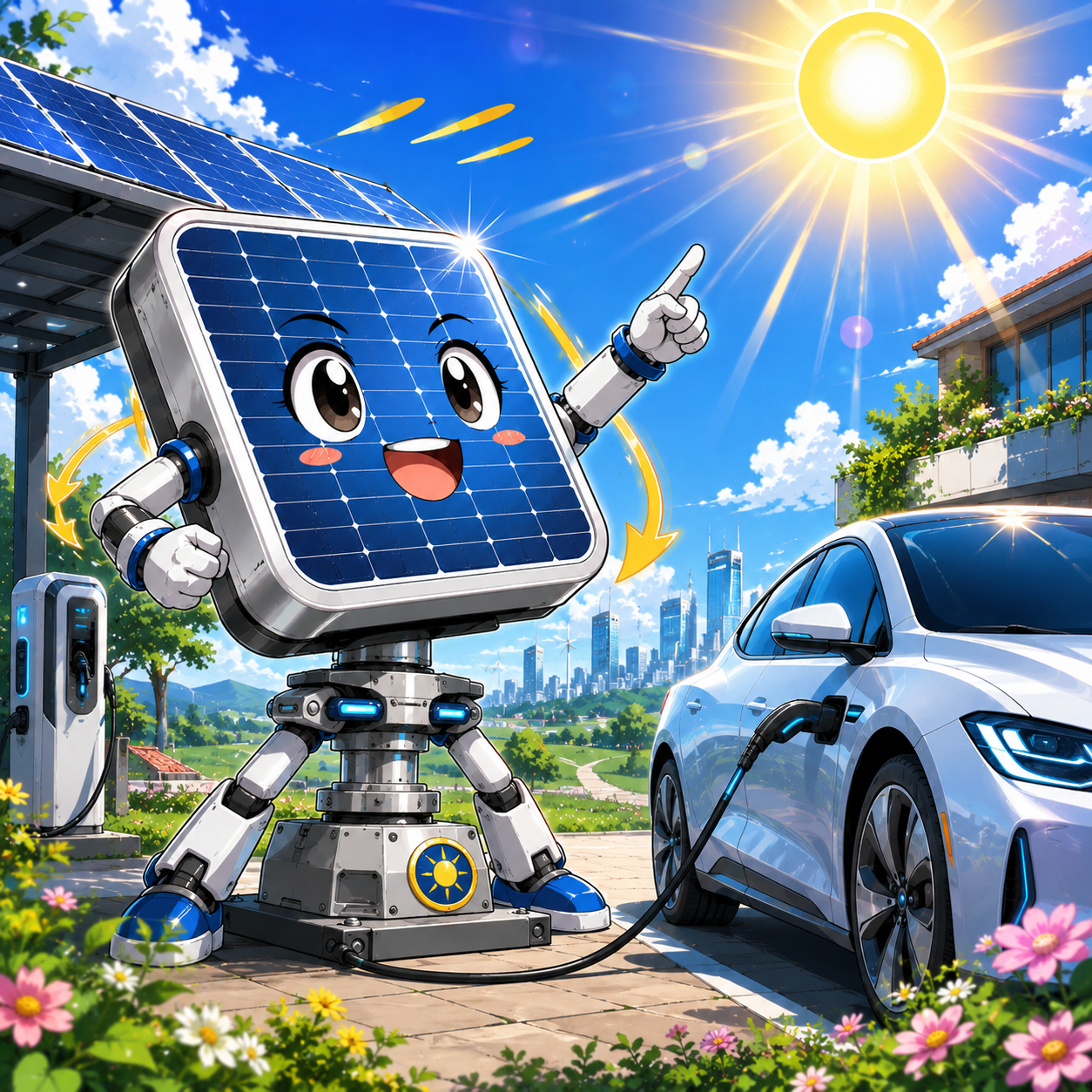 Solar tracking pod charging an electric vehicle