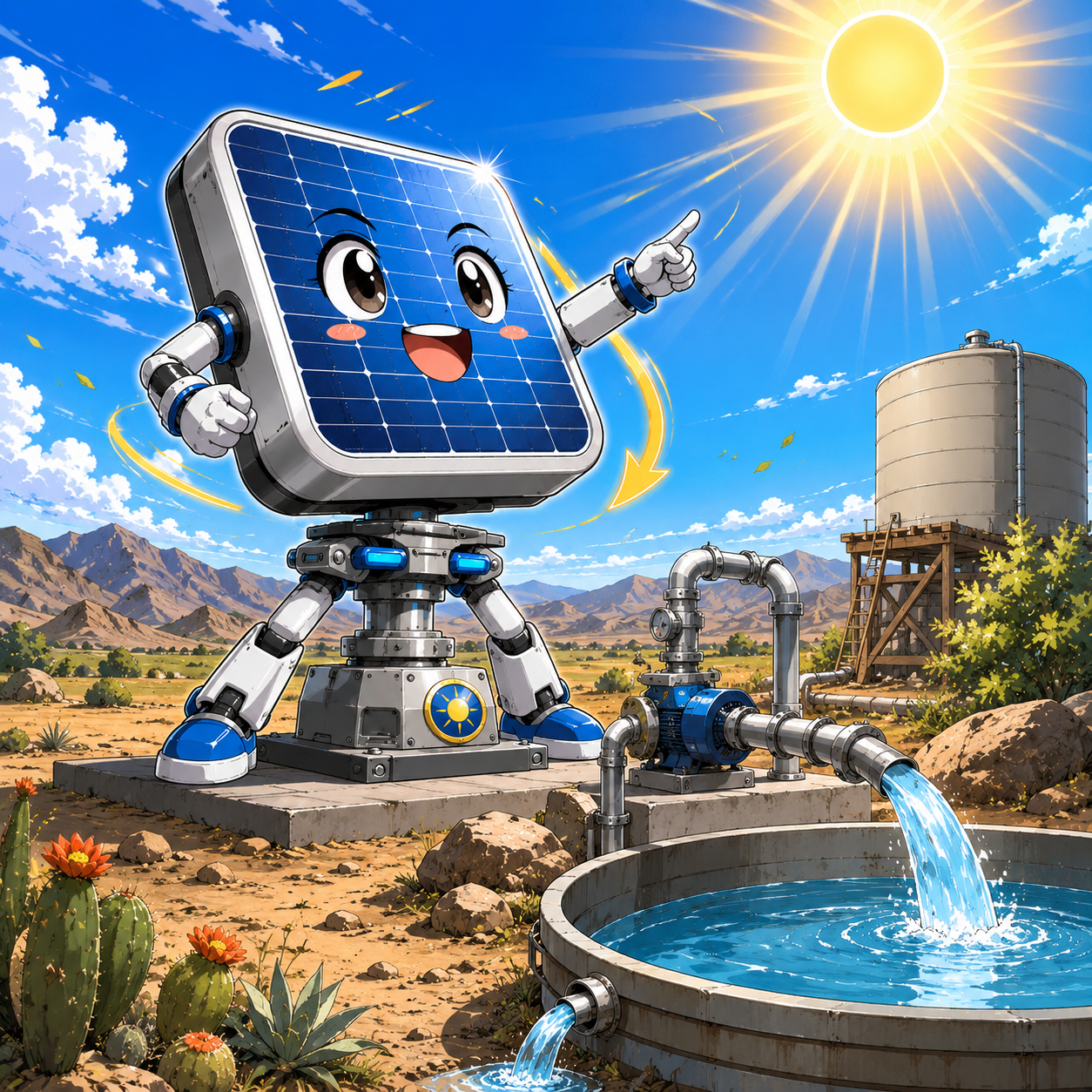 Solar tracking pod powering a remote water pump