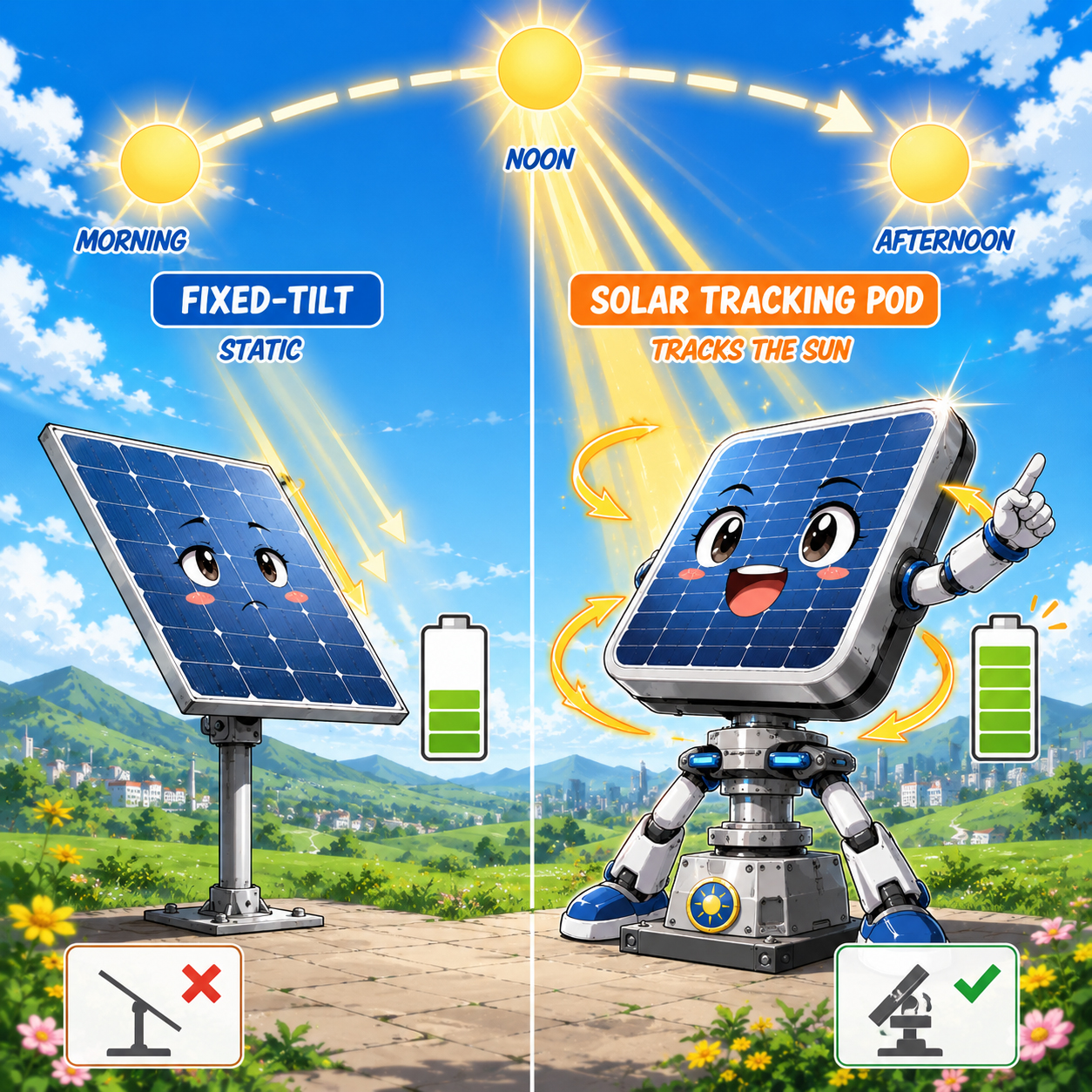 Manga comparison of tracking solar pod versus fixed tilt solar
